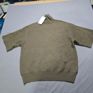 Zara Knit Top Women L Green Wool Blend Mock‎ Neck Short Sleeve Sweater Academia